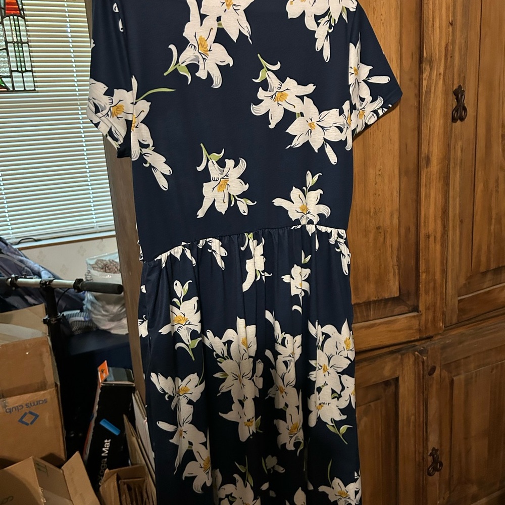Blue and Cream Casual Sundress with deep V neck fits like a large.